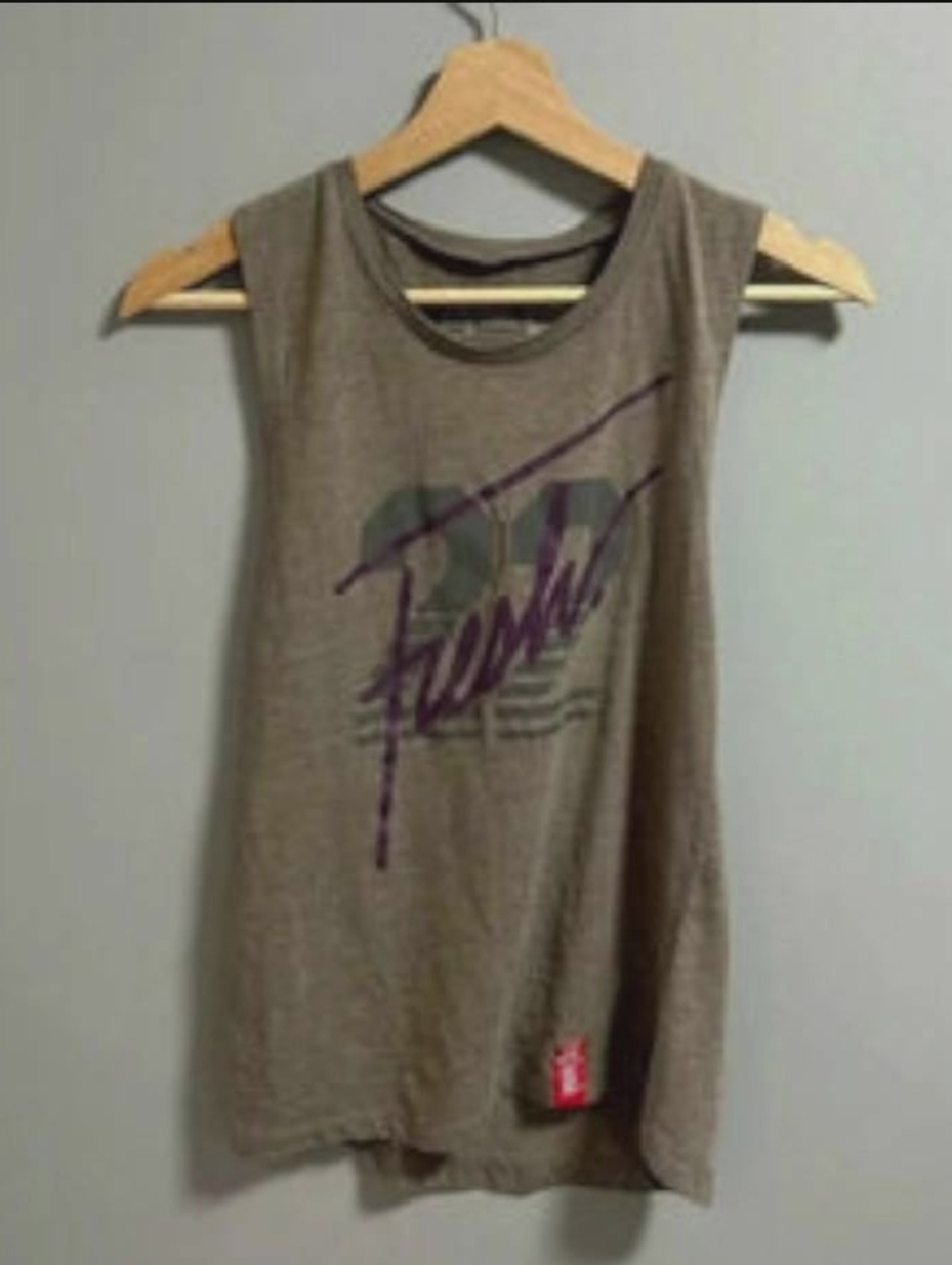 fresh Taupe Muscle Tank with Purple Graphic